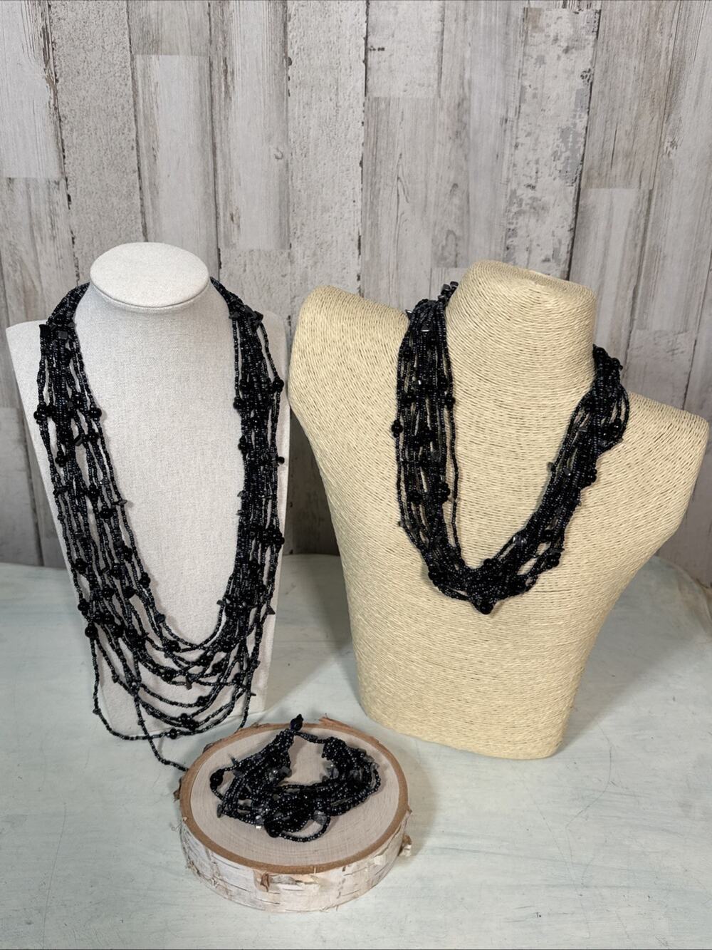 Black Beaded Glass Multi Strand Necklaces And Bracelet